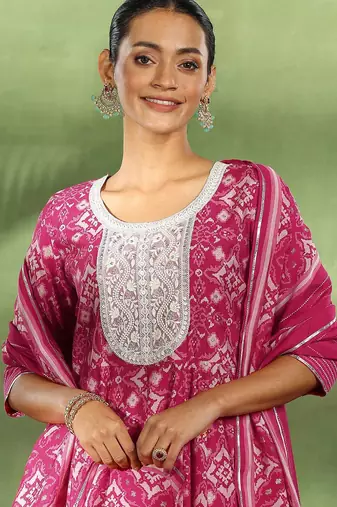 womens pink printed anarkali kurta with churidar & dupatta