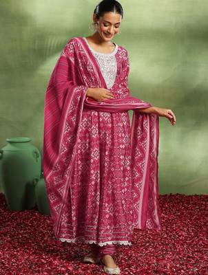 womens pink printed anarkali kurta with churidar & dupatta 4