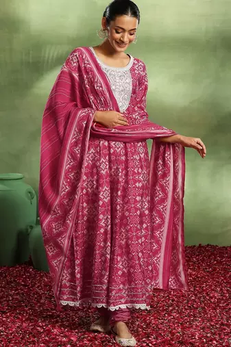 womens pink printed anarkali kurta with churidar & dupatta