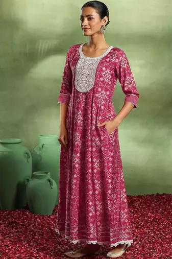 womens pink printed anarkali kurta with churidar & dupatta