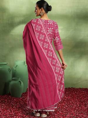 womens pink printed anarkali kurta with churidar & dupatta 6