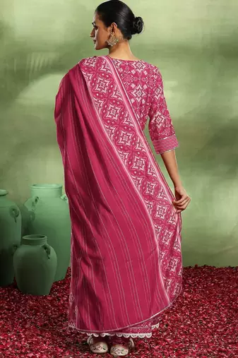 womens pink printed anarkali kurta with churidar & dupatta