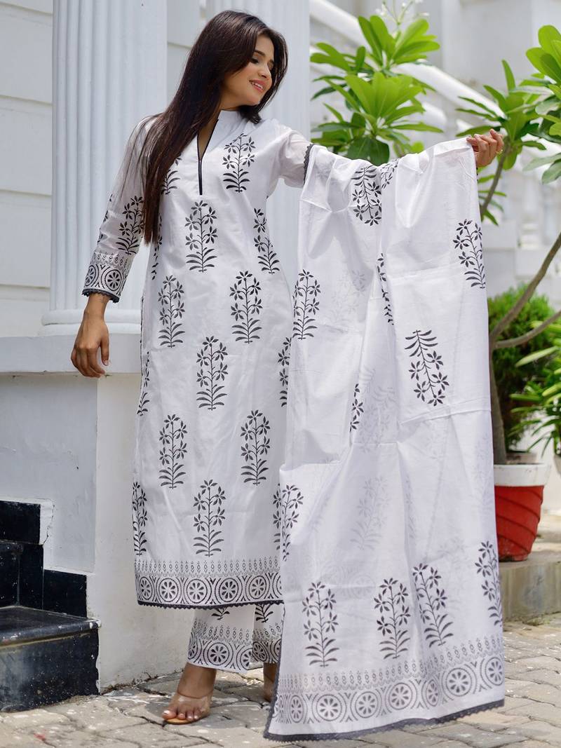 floral printed mandarin collar straight kurta with trousers & dupatta