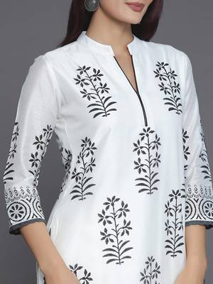 floral printed mandarin collar straight kurta with trousers & dupatta 2