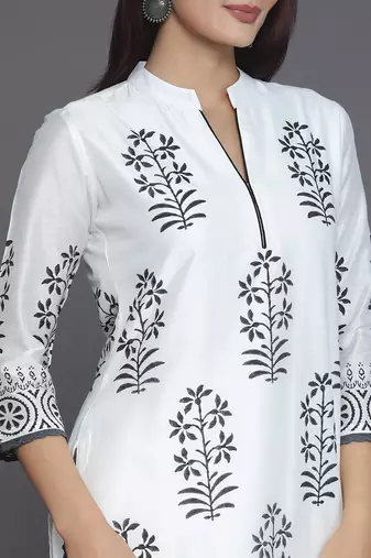 floral printed mandarin collar straight kurta with trousers & dupatta
