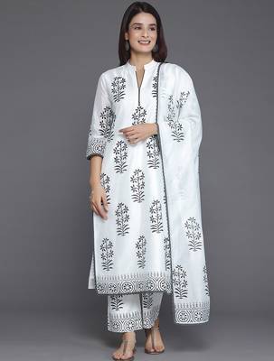 floral printed mandarin collar straight kurta with trousers & dupatta 4