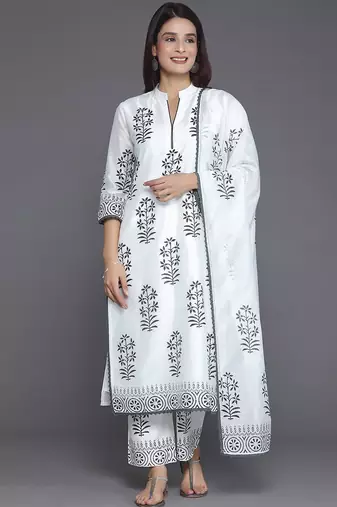 floral printed mandarin collar straight kurta with trousers & dupatta