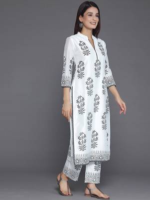floral printed mandarin collar straight kurta with trousers & dupatta 5