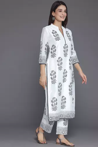 floral printed mandarin collar straight kurta with trousers & dupatta
