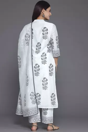 floral printed mandarin collar straight kurta with trousers & dupatta