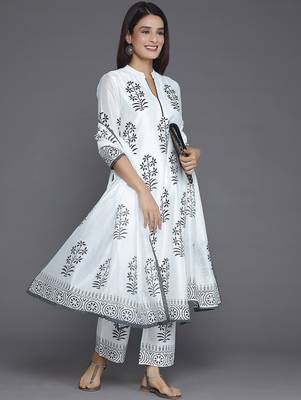 floral printed mandarin collar straight kurta with trousers & dupatta 7