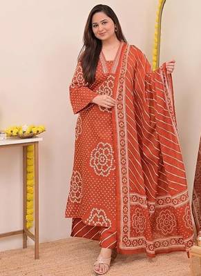 Women   s Pure Cotton Bandhani Printed Kurta Set with Palazzo Pants & Dupatta | Embroidered Work Ethnic Wear 1