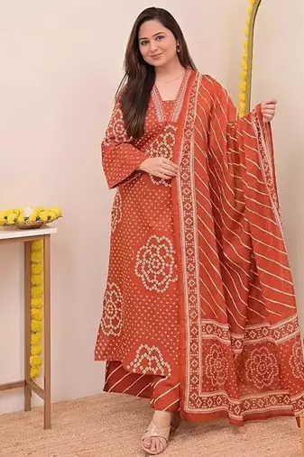 Women   s Pure Cotton Bandhani Printed Kurta Set with Palazzo Pants & Dupatta | Embroidered Work Ethnic Wear