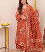 Women   s Pure Cotton Bandhani Printed Kurta Set with Palazzo Pants & Dupatta | Embroidered Work Ethnic Wear