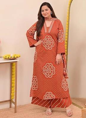 Women   s Pure Cotton Bandhani Printed Kurta Set with Palazzo Pants & Dupatta | Embroidered Work Ethnic Wear 2