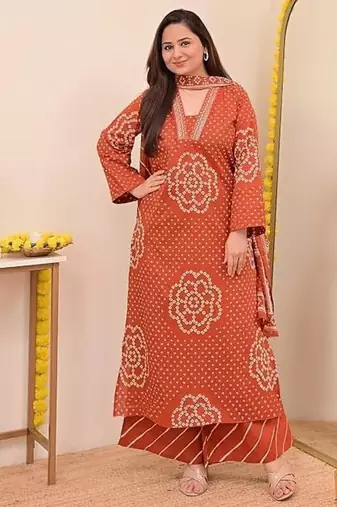 Women   s Pure Cotton Bandhani Printed Kurta Set with Palazzo Pants & Dupatta | Embroidered Work Ethnic Wear