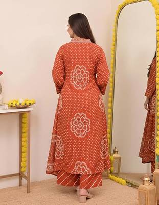 Women   s Pure Cotton Bandhani Printed Kurta Set with Palazzo Pants & Dupatta | Embroidered Work Ethnic Wear 3