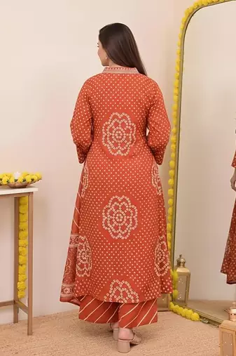 Women   s Pure Cotton Bandhani Printed Kurta Set with Palazzo Pants & Dupatta | Embroidered Work Ethnic Wear