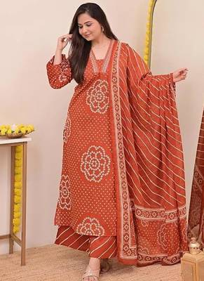 Women   s Pure Cotton Bandhani Printed Kurta Set with Palazzo Pants & Dupatta | Embroidered Work Ethnic Wear 4