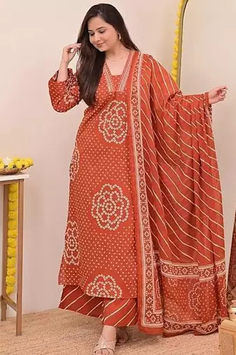 Women   s Pure Cotton Bandhani Printed Kurta Set with Palazzo Pants & Dupatta | Embroidered Work Ethnic Wear