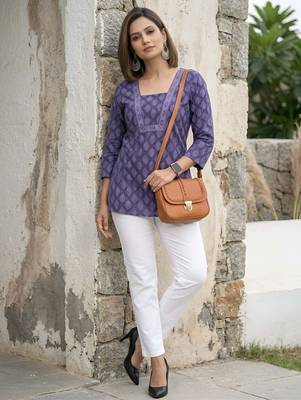 Purple  pure cotton printed tunic for women 1