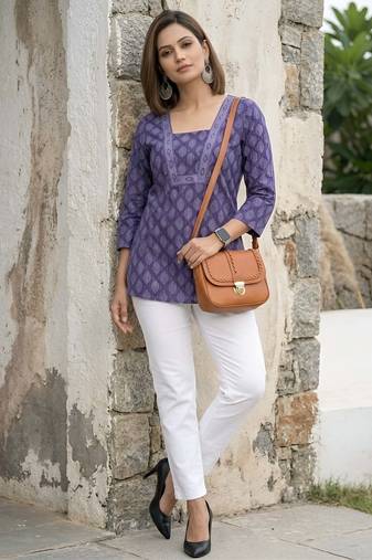 Purple  pure cotton printed tunic for women