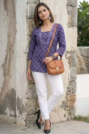 Purple  pure cotton printed tunic for women