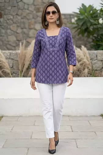 Purple  pure cotton printed tunic for women