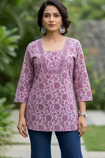 Lavender  pure cotton printed tunic for women