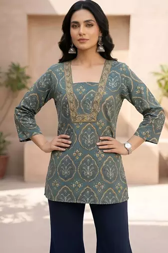 Green  pure cotton printed tunic for women