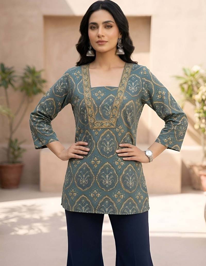 Green  pure cotton printed tunic for women