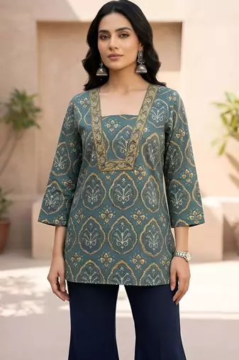Green  pure cotton printed tunic for women