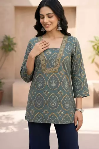 Green  pure cotton printed tunic for women