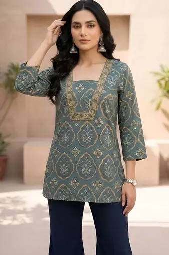 Green  pure cotton printed tunic for women