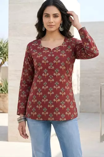 Maroon  pure cotton printed tunic for women