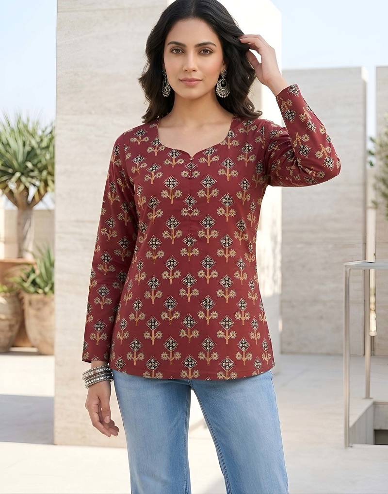 Maroon  pure cotton printed tunic for women