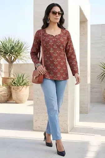 Maroon  pure cotton printed tunic for women