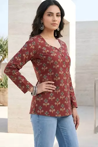 Maroon  pure cotton printed tunic for women