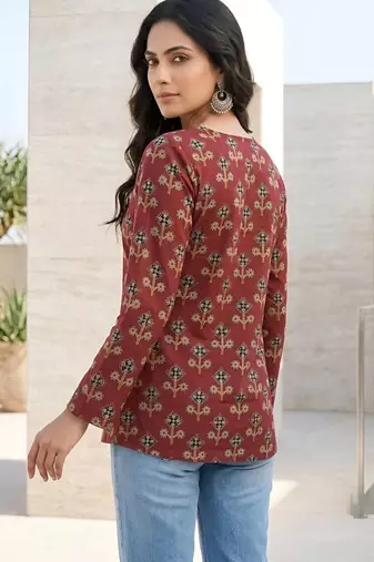 Maroon  pure cotton printed tunic for women
