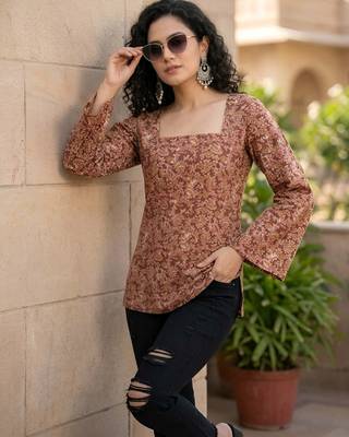 Brown  pure cotton printed tunic for women 1