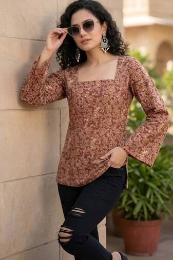 Brown  pure cotton printed tunic for women