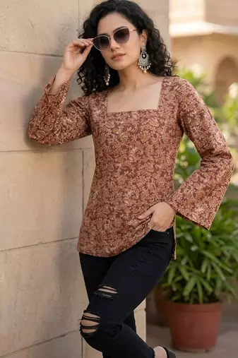 Brown  pure cotton printed tunic for women