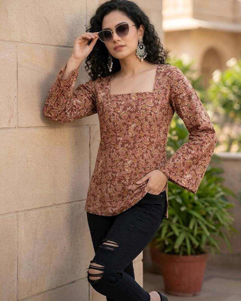 Brown  pure cotton printed tunic for women