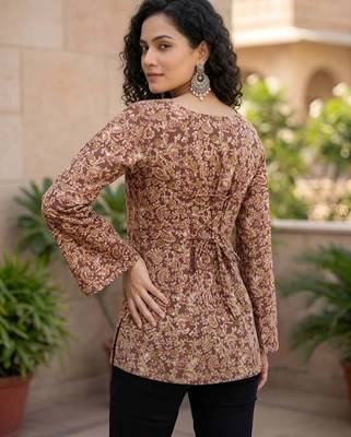 Brown  pure cotton printed tunic for women 2