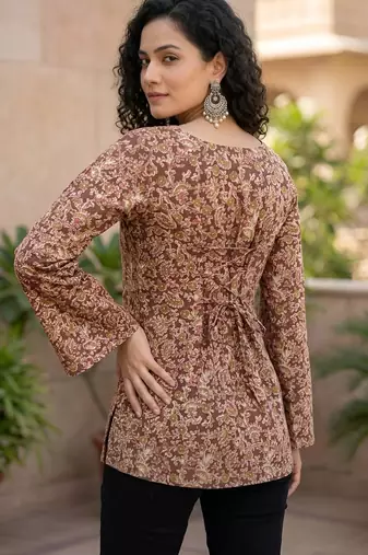 Brown  pure cotton printed tunic for women