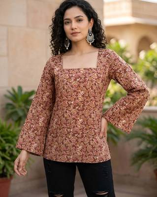 Brown  pure cotton printed tunic for women 3