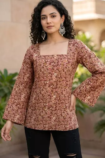 Brown  pure cotton printed tunic for women