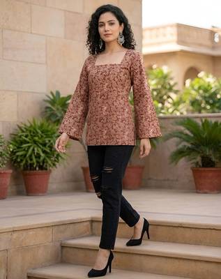 Brown  pure cotton printed tunic for women 5