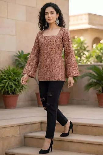 Brown  pure cotton printed tunic for women