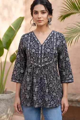 Black  pure cotton printed tunic for women